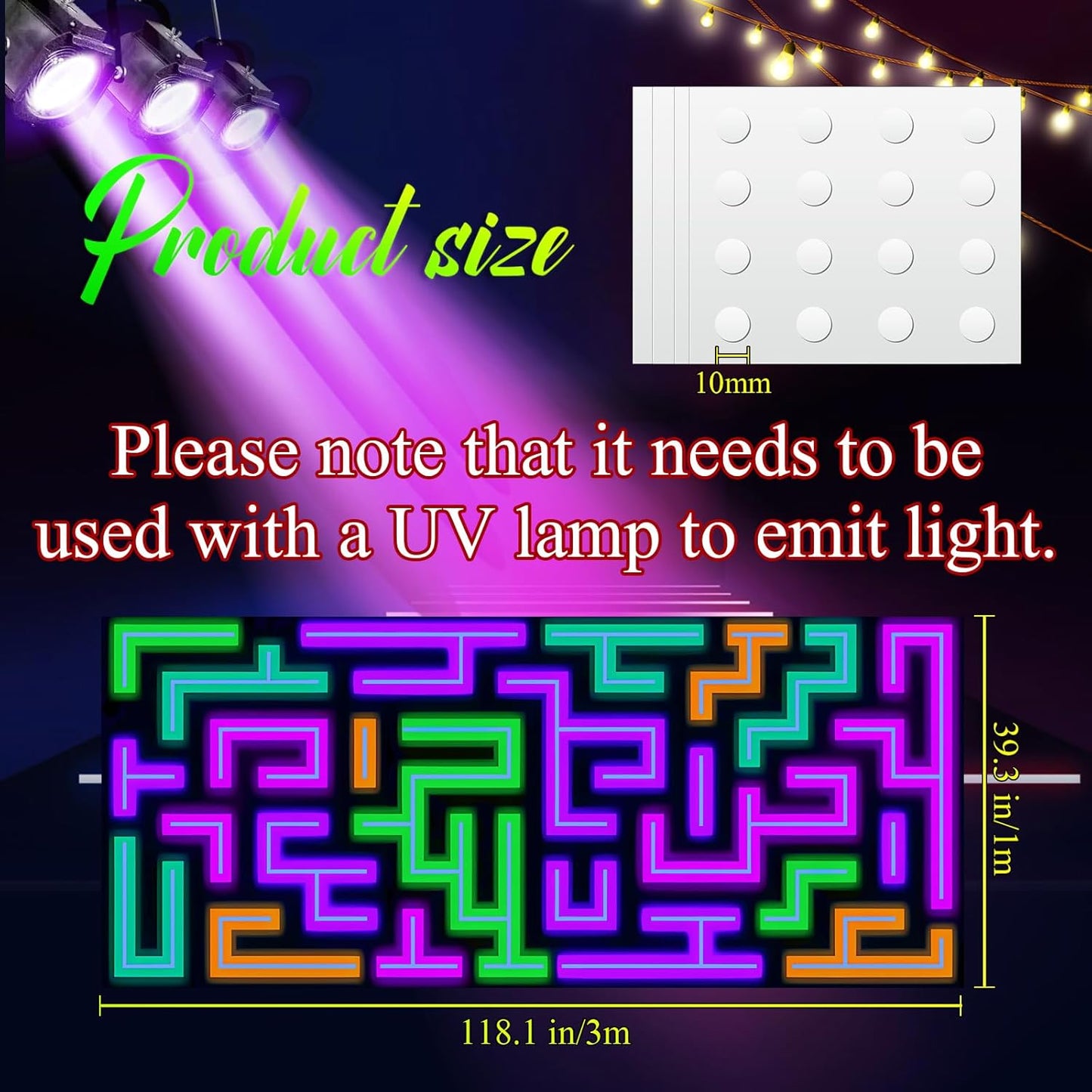 Haull 118 x 39 Inch Neon Light up Dance Floor Glow in The Dark Runner UV Reactive Blacklight Floor Aisle Runner Decor Wall Props for 80s 90s Neon Birthday Party Decorations(Labyrinth)