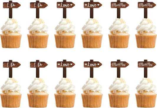 12 PCS Rustic Wedding Cupcake Toppers in Wood Wedding Engagement Cake Decorations
