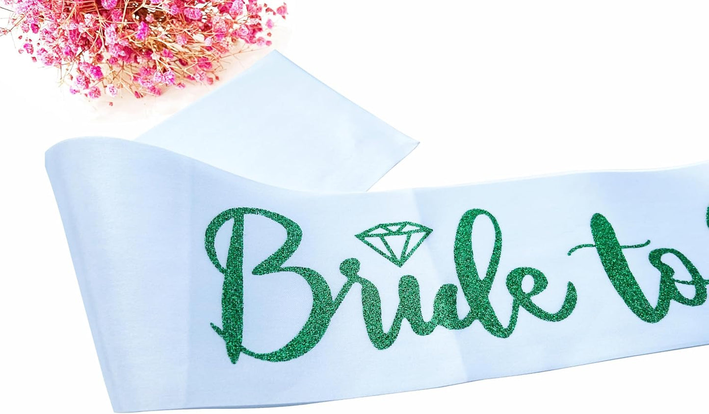 Bride to Be Sash, Bachelorette Party Sash for Bridal Shower Wedding Party Favors Accessories Supplies Engagement Gifts,White Satin with Glitter Letter Green