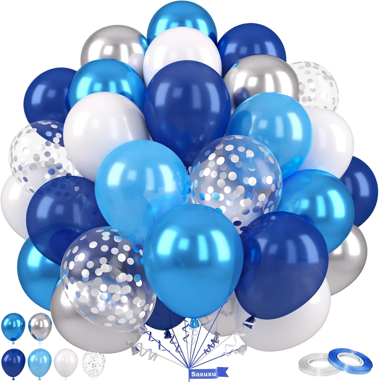 Blue and Silver Balloons, 12 Inch Navy Blue Balloons, Pearl Blue Metallic Silver Confetti Balloon Latex for Boys Birthday Baby Shower Gender Reveal Bachelor Party Graduation Decorations