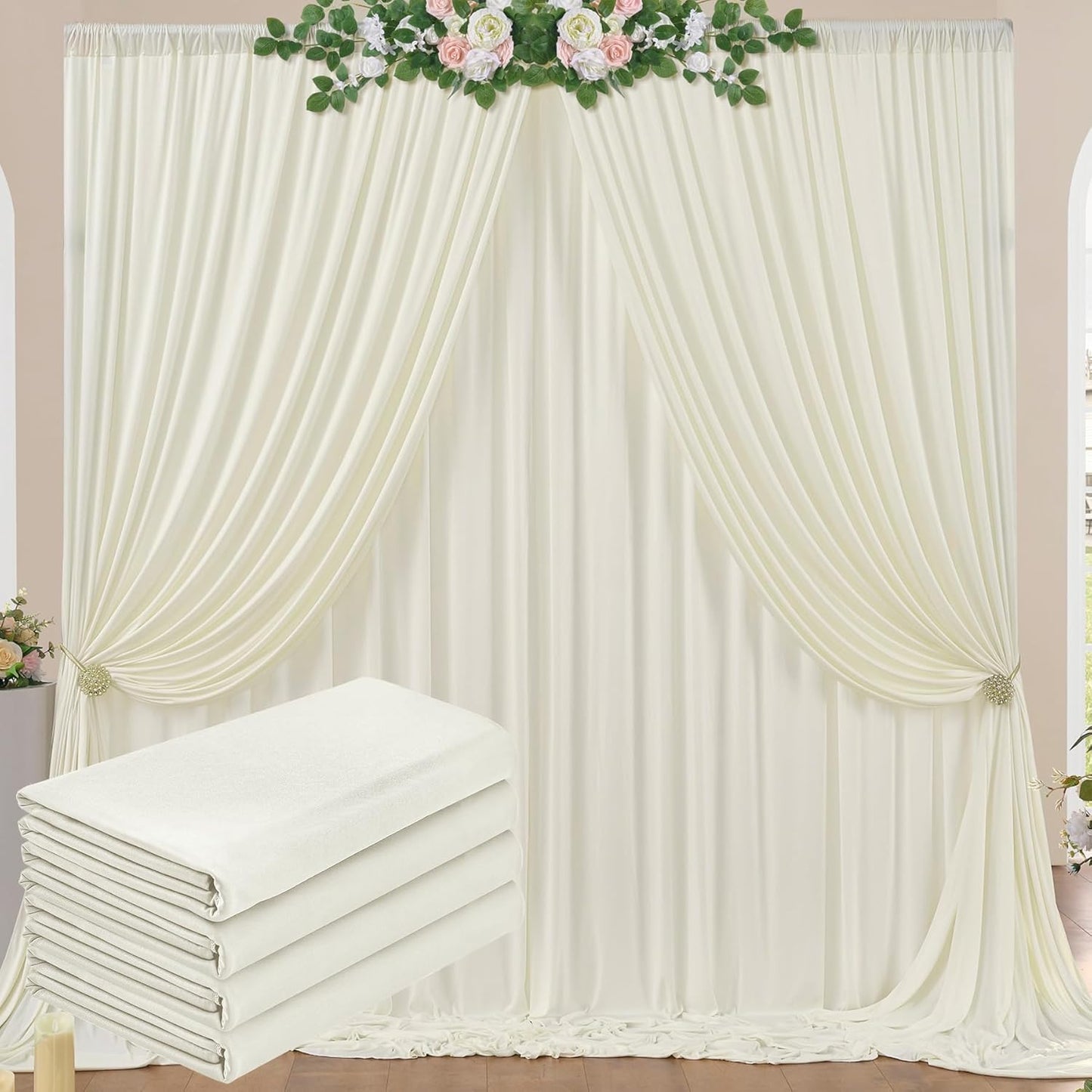 20 ft x 10 ft Wrinkle Free Ivory Backdrop Curtain for Wedding Parties, Polyester Ivory Photo Backdrop Drapes 4 Panels 5x10ft for Baby Shower Photoshoot Engagement Birthday Party Photography Background