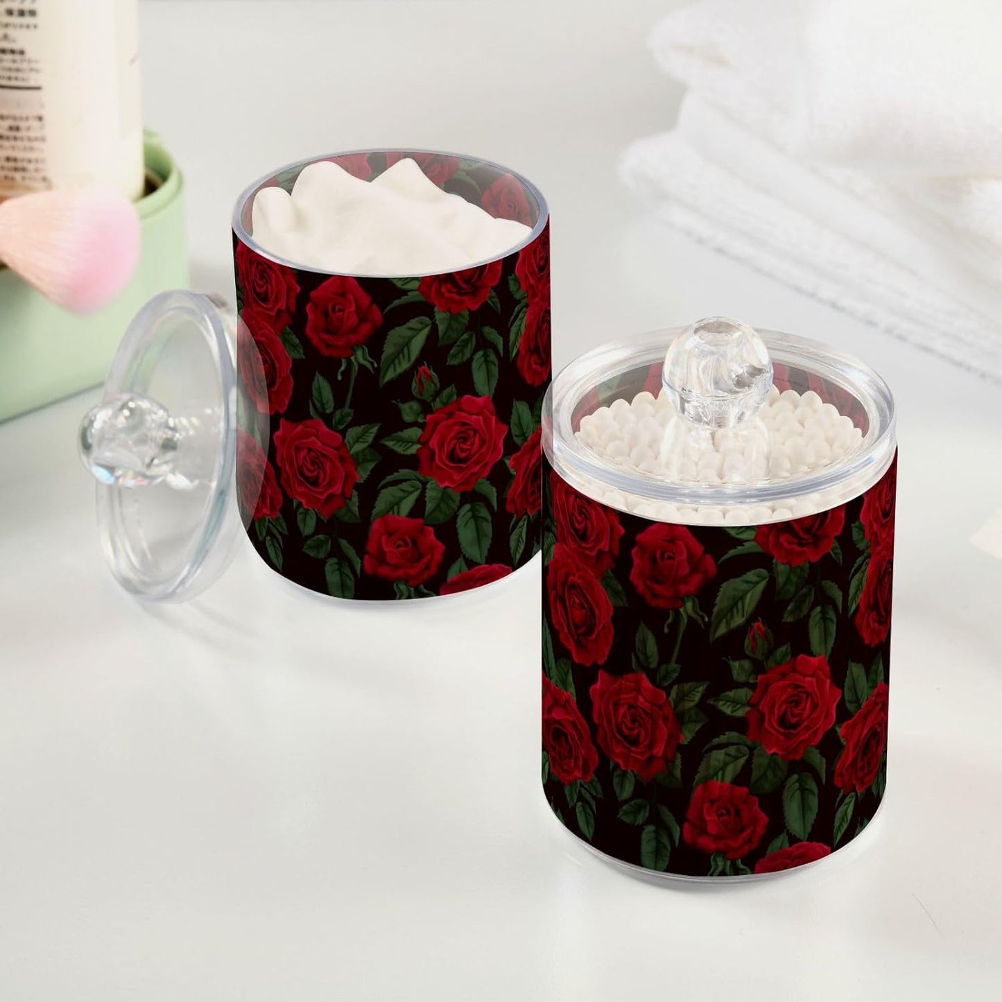 Gredecor Qtip Holder Dispenser 4 Pack Red Rose Flowers Leaves Apothecary Jars with Lids Bathroom Vanity Countertop Canister Storage Organizer for Cotton Ball,Swabs,Pads,Floss