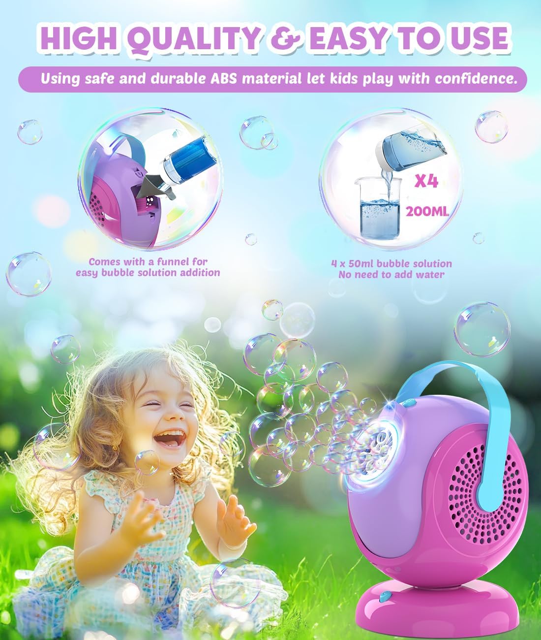 Bubble Machine, Automatic 360° Rotation & 75° Adjustment Bubbles Blower for Kids, Toddlers, Bubble Toys with LED Light - Gifts for Girls 1+ Year Old, Halloween, Outdoor, Birthday, Party