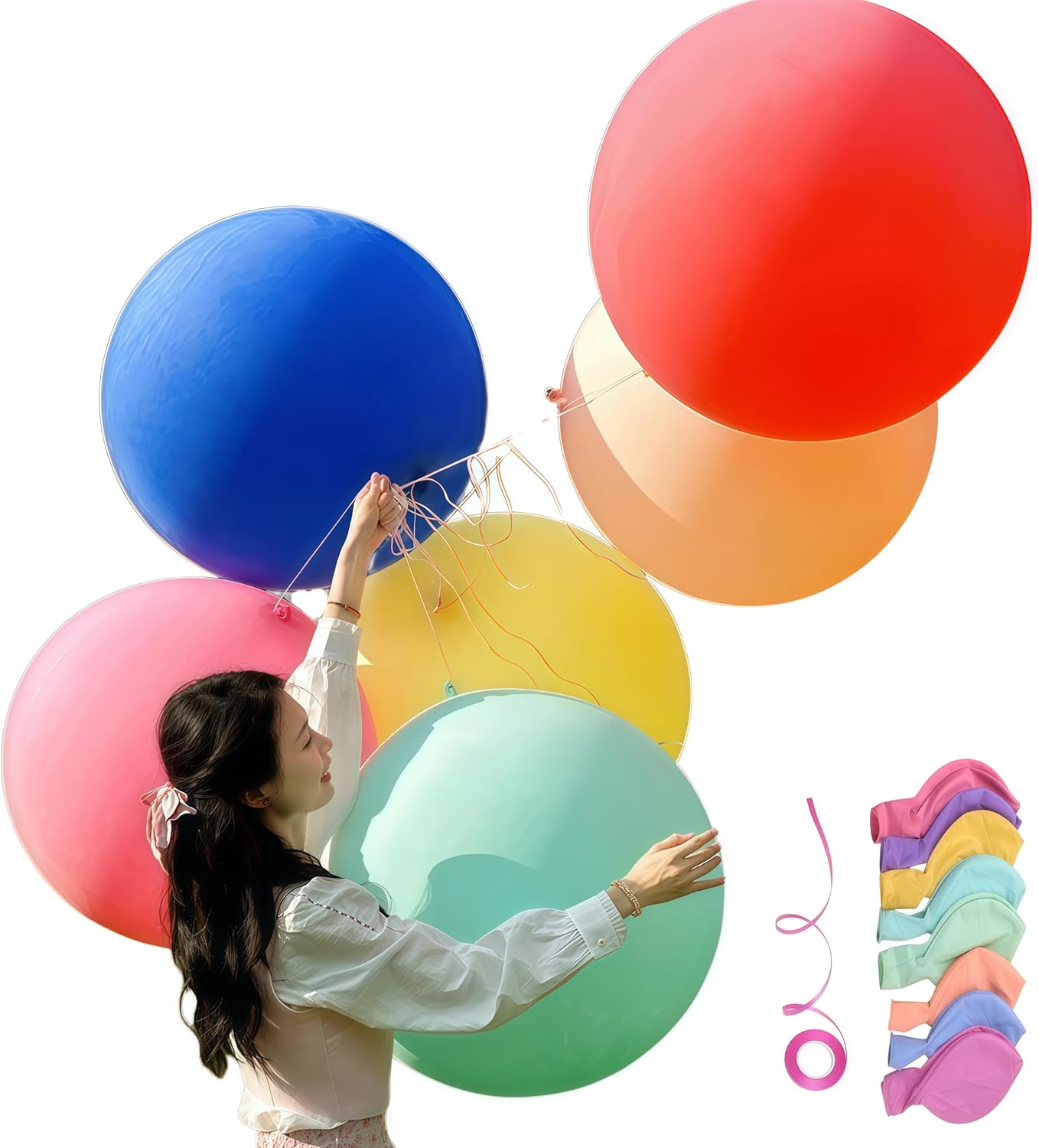 Giant Heavy-Duty 36-Inch Balloons - Latex/Vinyl Material, Rainbow/Multicolor/Soft Color Scheme, 10-Pack Bulk Round Water Balloons, Ideal for Parties, Weddings, and Outdoor Decorations
