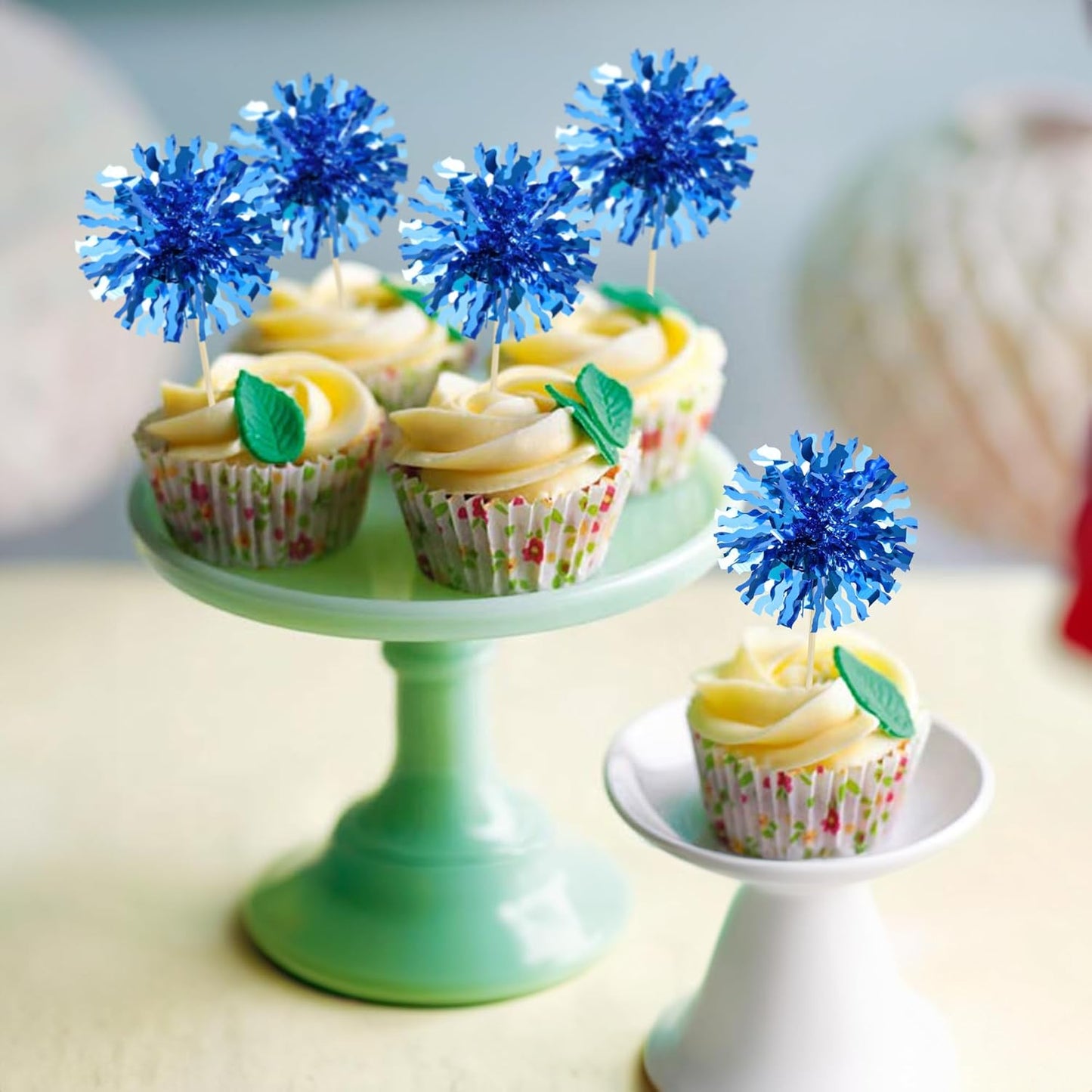 Ephlyn 30Pcs Foil Firework Cupcake Toppers Blue Tinsel Flower Drink Stirrers Cocktail Food Fruit Cake Toppers for Valentine's Day Party Decorations Blue