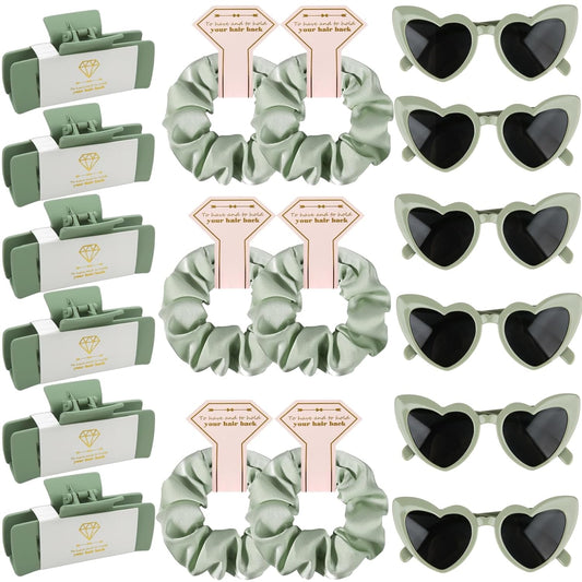 Bridesmaid Scrunchies Proposal Gifts 4.1inch square Hair Claws Bachelorette Hair Clip heart sunglasses Girls gift for Wedding Party Favors (18pcs Sage Green)