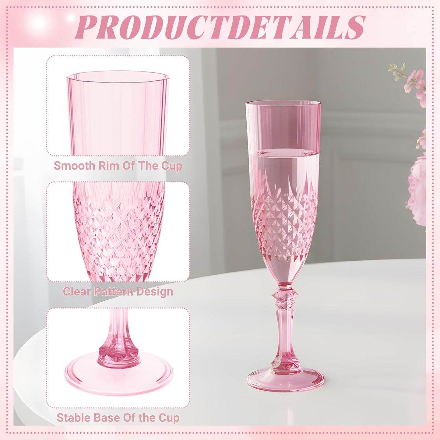Plastic Champagne Flutes, 24PCS Pink Wine Glasses Goblets Cups Reusable Flute, for Weddings Bachelor Parties Toasting and Events (24, Pink)