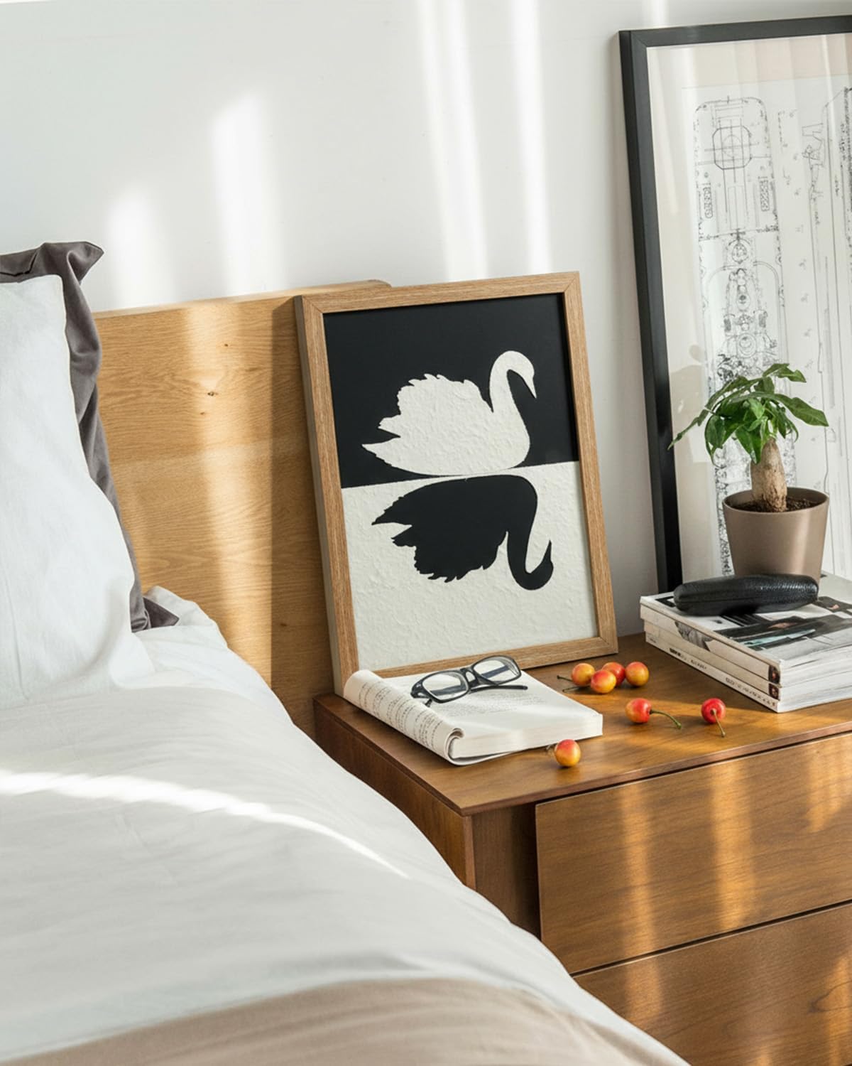 VIYYIEA Framed 3D Textured Wall Art, Handmade Paper Artwork,12x16inch, Modern Minimalist Black White Decor for Living Room Bedroom Shelf, Swan Reflection Abstract Picture