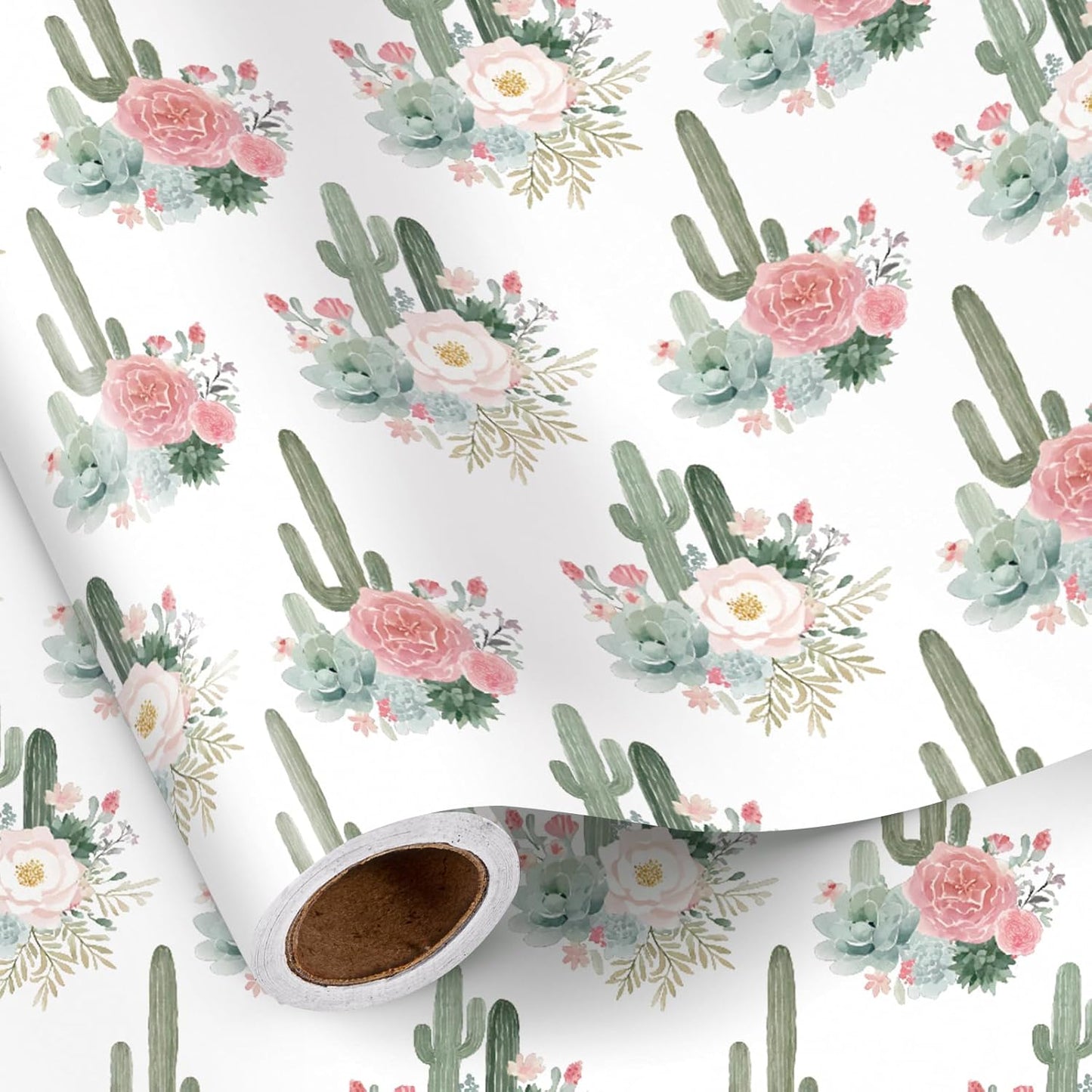 RUSPEPA Cactus Floral Wrapping Paper Roll, Mini Roll, Elegant Cacti and Roses Design, Soft Pink and Green Gift Wrap for Wedding, Birthdays, Baby Shower, Spring and Summer Party, 17 Inches x 16.4 Feet
