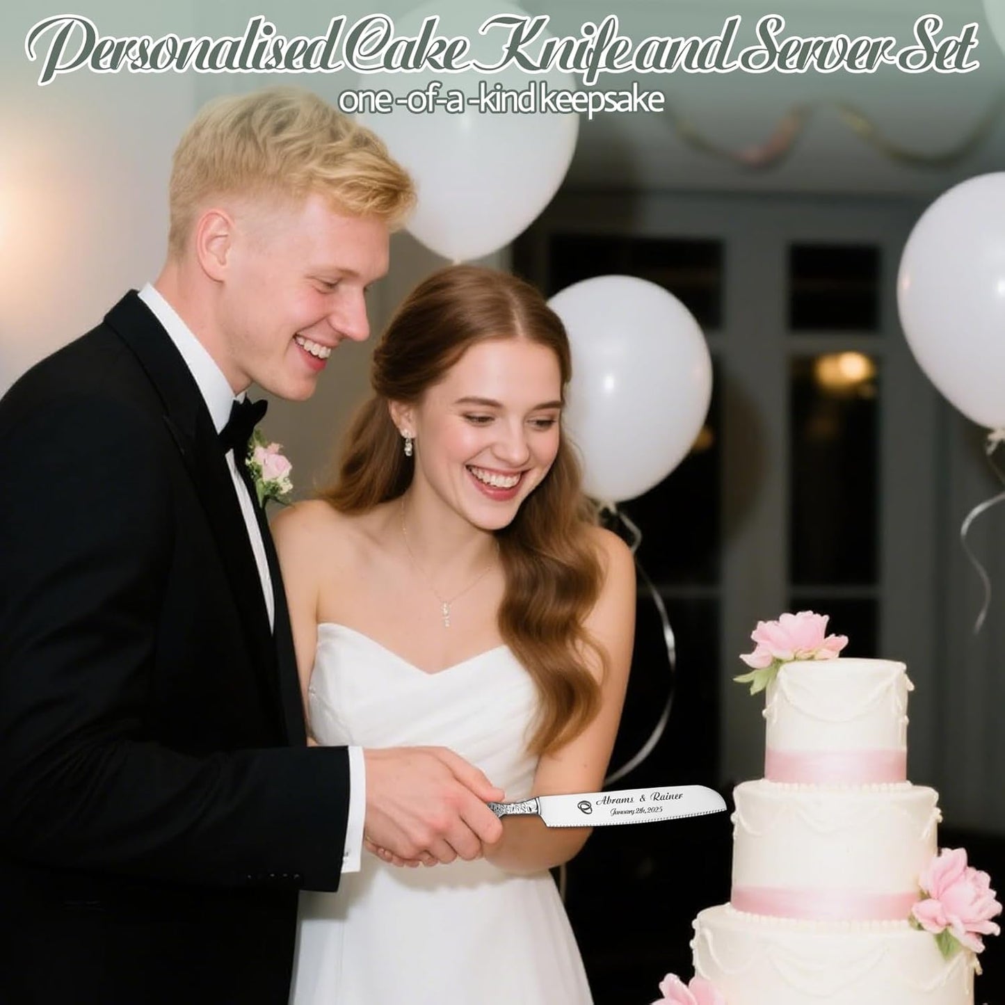 HJX Personalized Wedding Cake Knife and Server Set - Custom Name Engraved Cutting Set with Elegant Gift Box, Ideal for Bridal Wedding Anniversary Birthday Gifts (Rose handle)