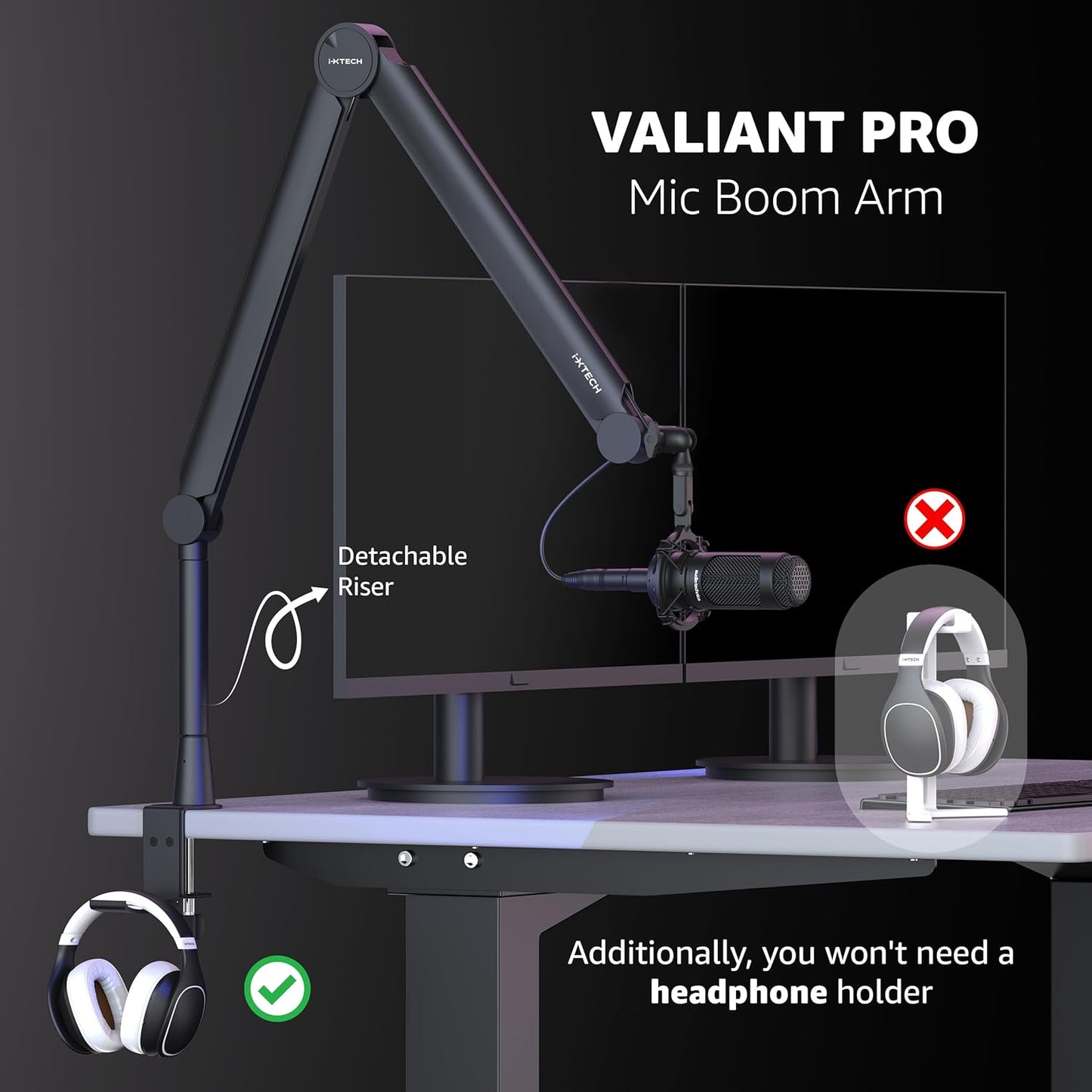IXTECH Mic Arm Boom Arm 360° Rotatable Microphone Boom Arm Mic Boom Arm with Desk Mount, Fully Adjustable, for Podcast, Video, Gaming, Radio, Studio Recording, Sturdy and Universal VALIANT Pro