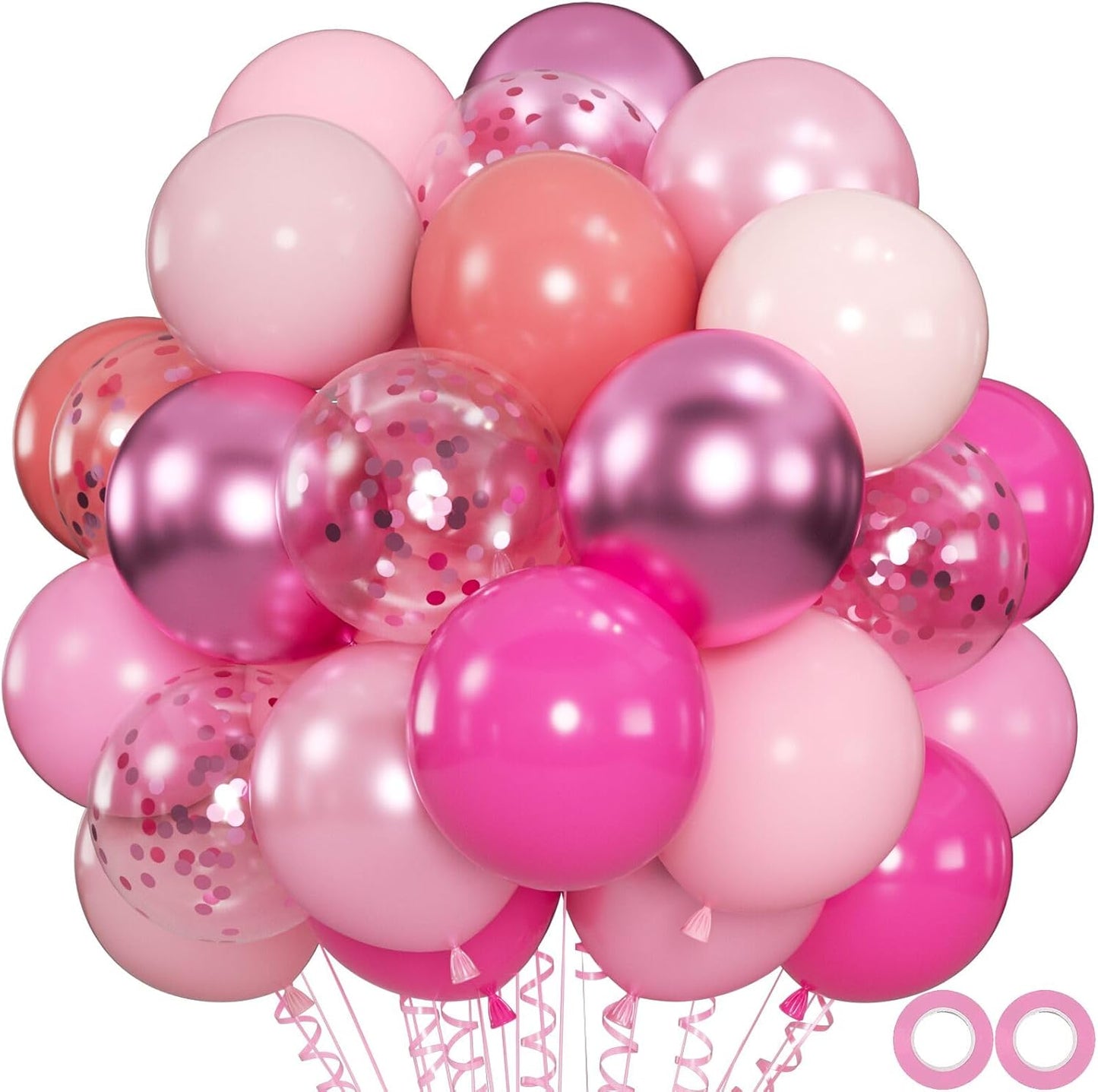 100pcs Pink Balloons Assortment - 12 Inch Metallic, Dusty Rose, Pearl & Hot Pink Pastel Balloons for Baby Shower, Bachelorette Party, Princess Birthday, Gender Reveal Party(66ft Ribbons)