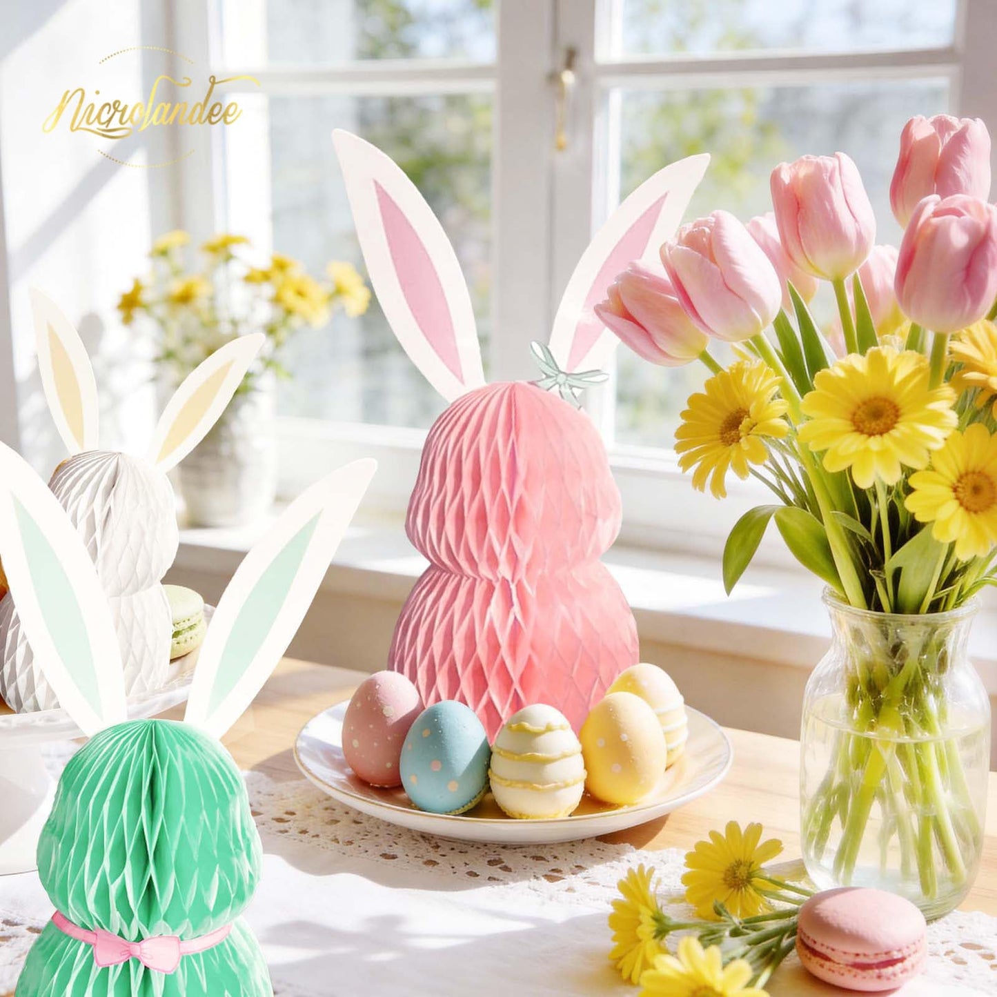 NICROLANDEE Easter Decorations - 3Pcs Mini Easter Bunny Family Honeycomb DIY Table Centerpiece Set