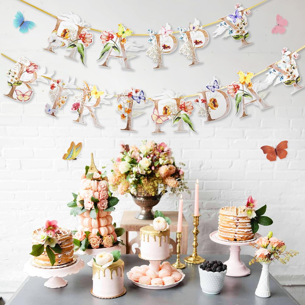 Flower Butterfly Happy Birthday Banner, Boho Groovy Floral Birthday Sign