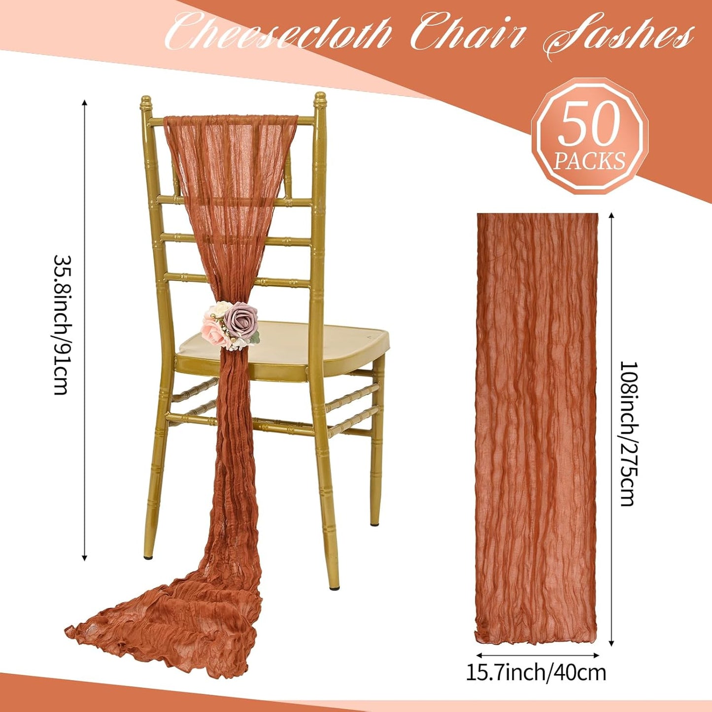 50 PCS Cheesecloth Chair Sashes, Bows Designed ChairSashes, 15.7x108 inch Chair Sashes for Aisle Decorations Universal Chairs Cover Decoration for Wedding Reception Party Banquet (Terracotta)