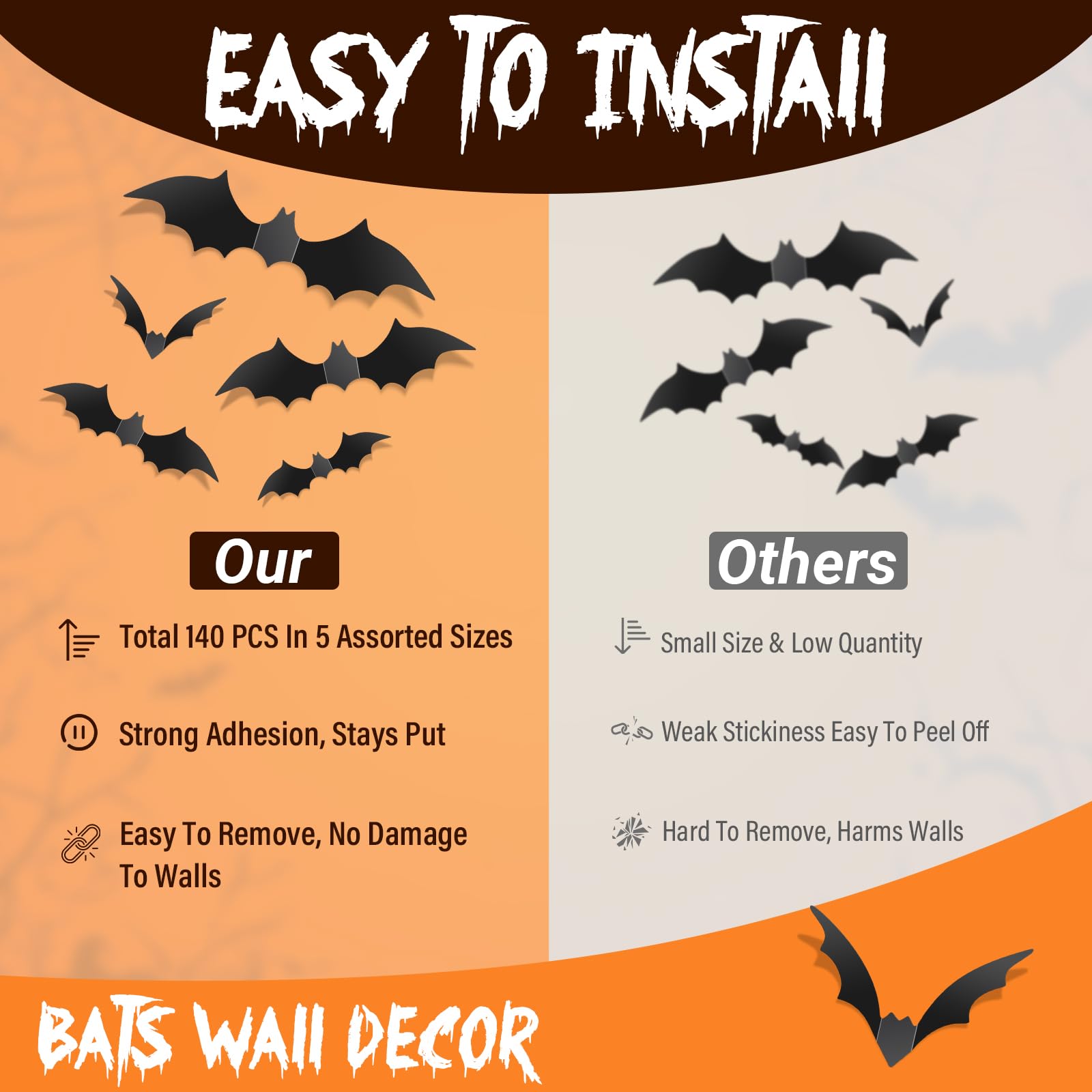 140Pcs Bats Halloween Decor, Real Scary Bat Stickers for Halloween Party