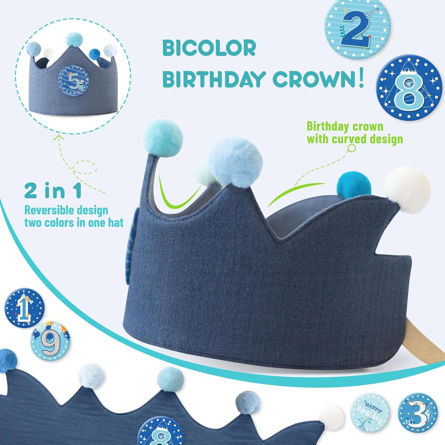 Reusable Birthday Crown with Numbers,Kids Birthday Hat Fabric Crown Pertain Kids Boy Toddler Girl Baby Bday Hats