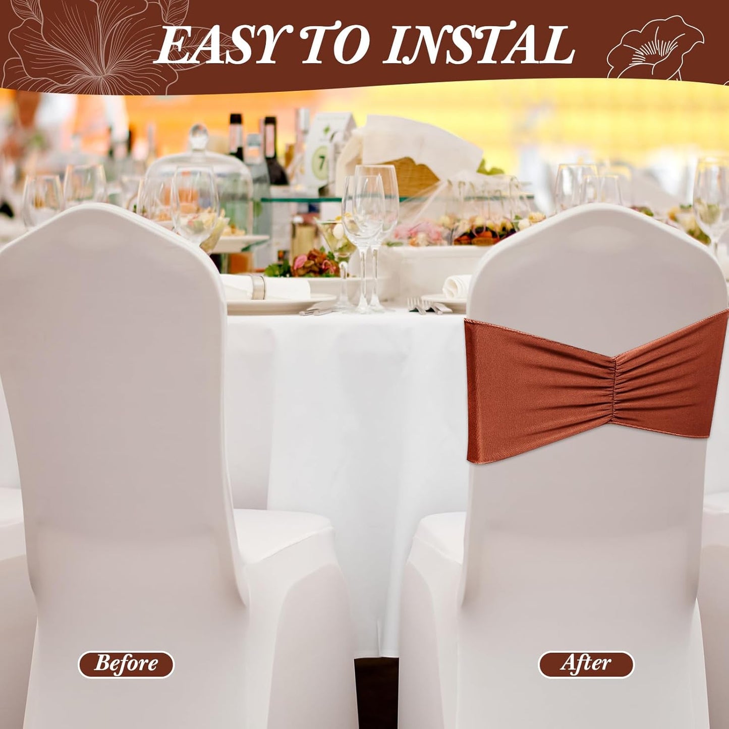 Moukeren 100 Pcs Spandex Chair Sashes Bows Bands Slider Sashes for Chair Covers Elastic Bands Ties Ribbon Decorations for Wedding Party Events Ceremony Birthday Banquet(Terracotta)