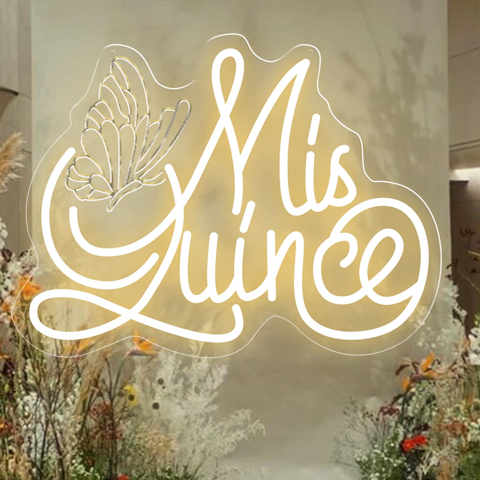Mis Quince Neon Sign with Engraved Butterfly Design for Quinceanera Decor