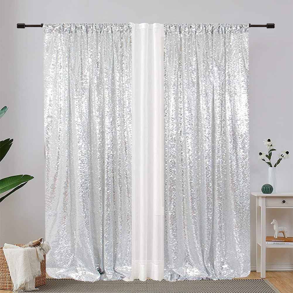 Eternal Beauty Sequin Backdrop Curtains, 2x8 Ft-2 Panels Silver Back Drop for Shimmer Photography Party Wedding Birthday Decor