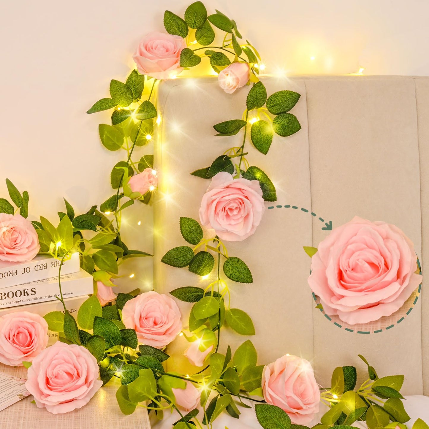 Flower Garland Fake Flowers, Rose Floral Garland, Pink with Lights, 2 Pcs