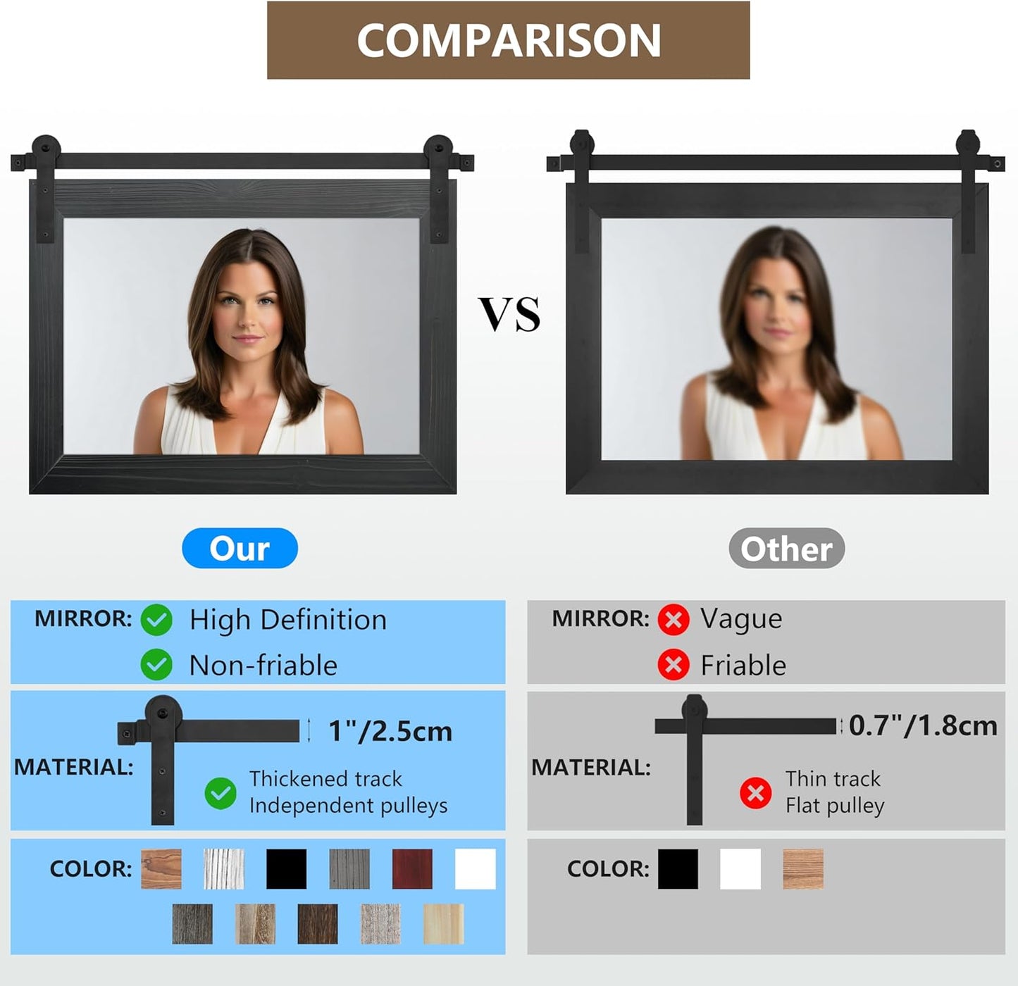 COGOOD Farmhouse Barn Door Mirror - 25" x 18" Rustic Wood Framed Decrative Mirror for Bathroom, Living Room, Entryway Wall Decor (Black)