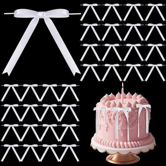 Riceshoot 50 Pcs Twist Tie Bows for Cake 3x4.5 Inch Satin Ribbon Bows for Gift Wrapping Treat Bags Craft DIY Wedding Baby Shower Birthday Party(White)