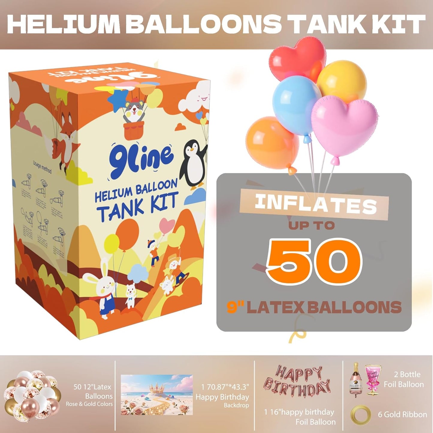9Line 13L Helium Tank Up To 50 Latex Balloons,Helium Tank For Balloons At Home,50 12-Inch Rose&Gold Latex Balloons, 15 Foil Balloons, 1 5.9X3.6Ft Backdrop, 8 Accessory Tools