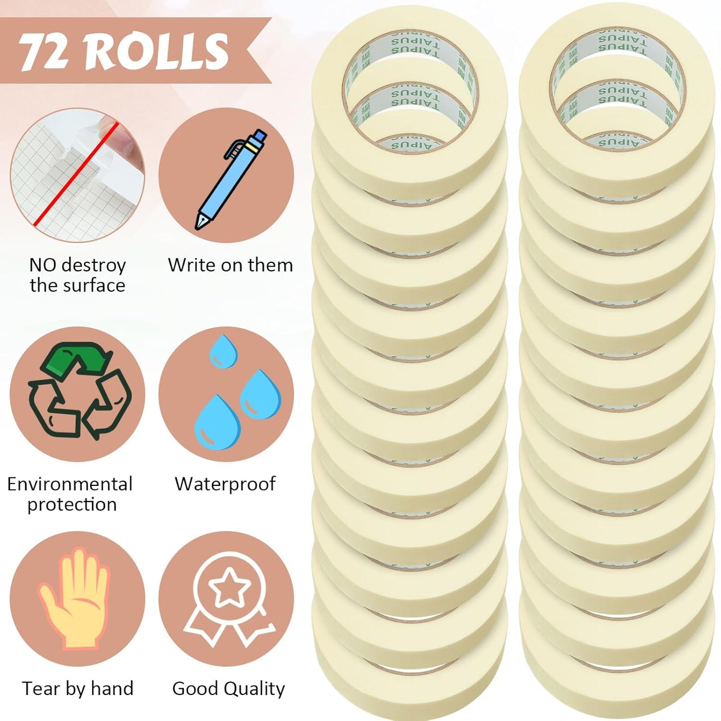 Masking Tape Bulk General Purpose Masking Painting Tape 55 Yards for Painting Home Office School Stationery Arts Crafts Basic Use, Easy Removal(72 Rolls,0.8 Inch)