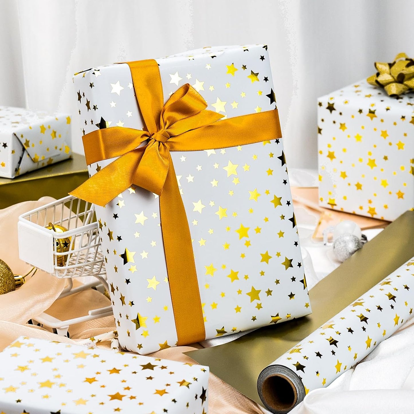 Burymento Gold Foil Five-Pointed Star Wrapping Paper, Reversible Gold Gift Wrap for Birthday, Valentines, Mothers day, Graduation, Wedding, Fathers day, Baby Shower, Christmas (17in x 32.8ft)
