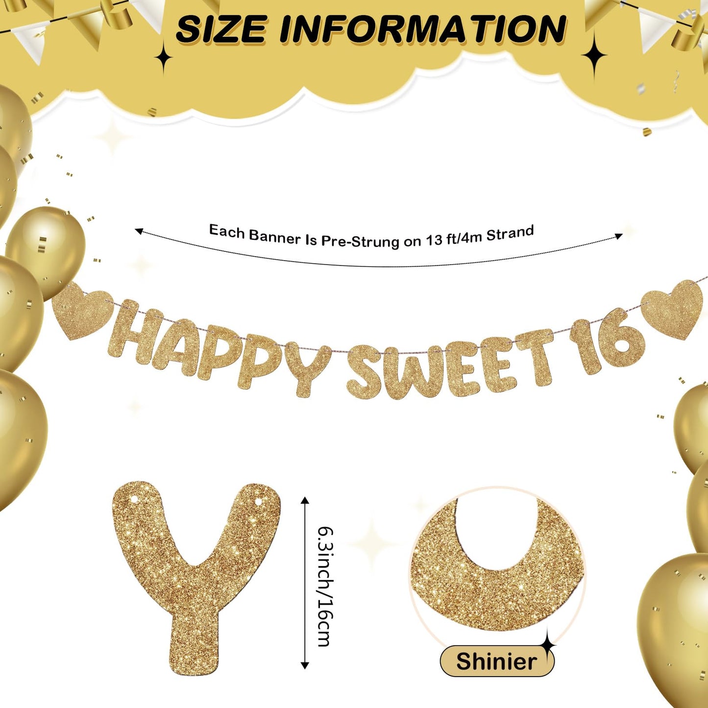Fulmoon Happy Sweet 16 Banner Sixteenth Birthday,Champagne Gold