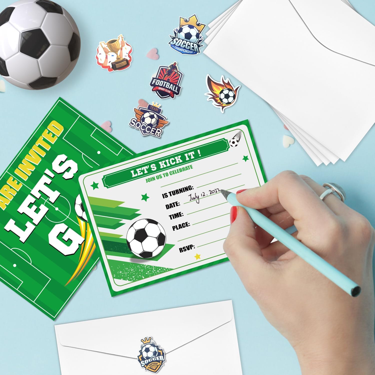 PTECDROTS 20Pcs Soccer Party Invitations Sets with Envelopes Soccer Favors Birthday Invitation