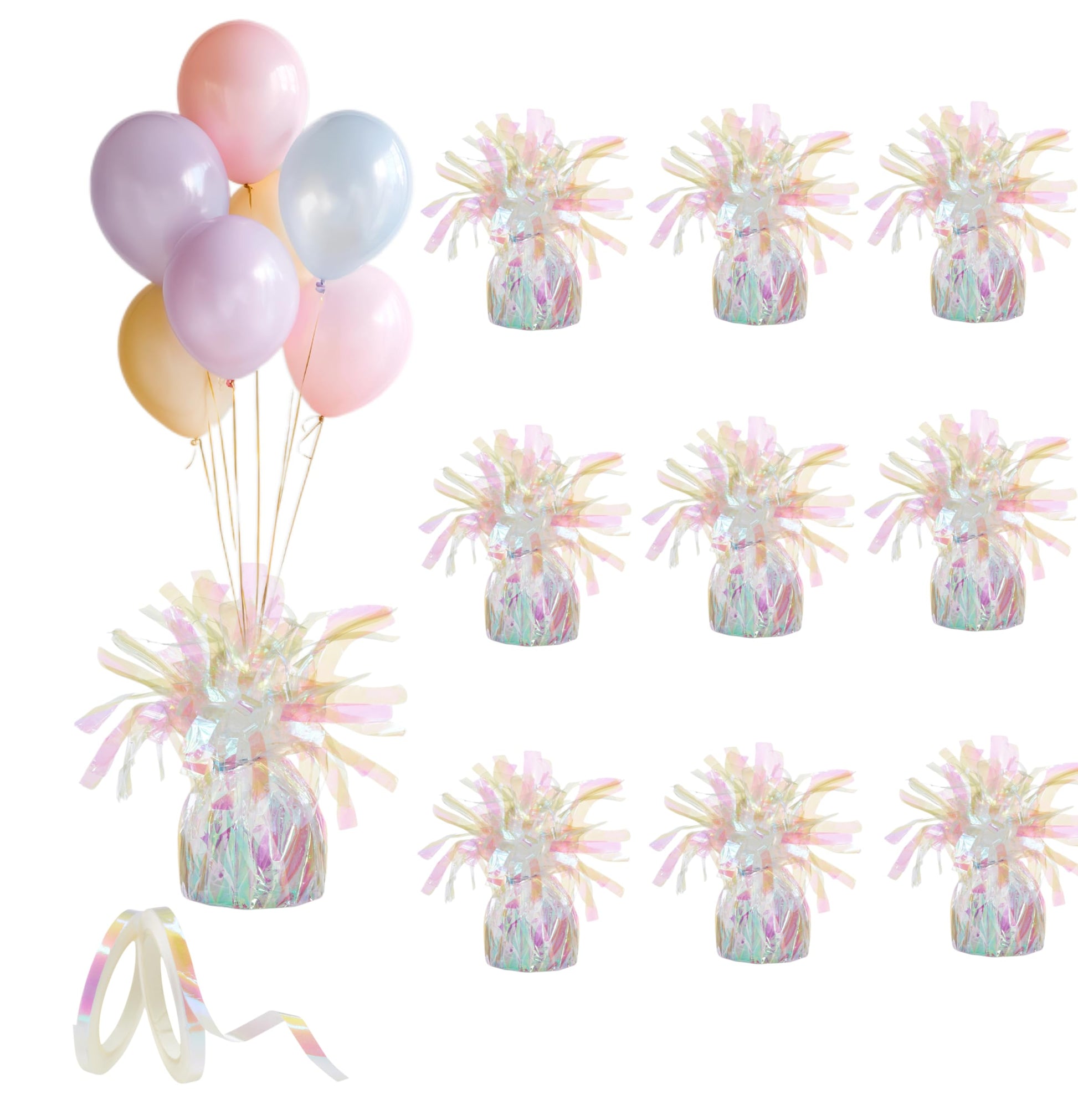 Moretreat Balloon Weights - 9 Pack with Curling Ribbon Lridescent 100g, Metallic Balloon Anchor Set