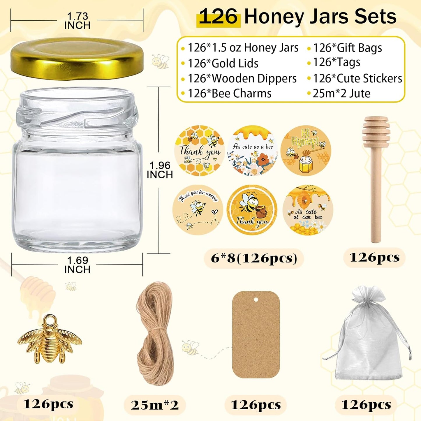 Aliggbent 126 Pack Mini Honey Jars for Party Favors in Bulk, 1.5 oz Small Round Glass Honey Jars with Dippers, Lids, Cute Stickers, Bee Charms, Bags and Jute for Baby Showers, Weddings & Birthdays