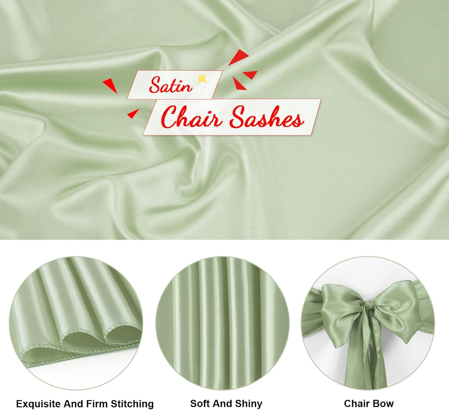 10 PCS Sage Green Satin Chair Sashes Bows Universal Chair Ribbon Ties Back Sash for Wedding Party Reception Events Banquets Hotel Event Chair Cover Decoration (7x108 inch)