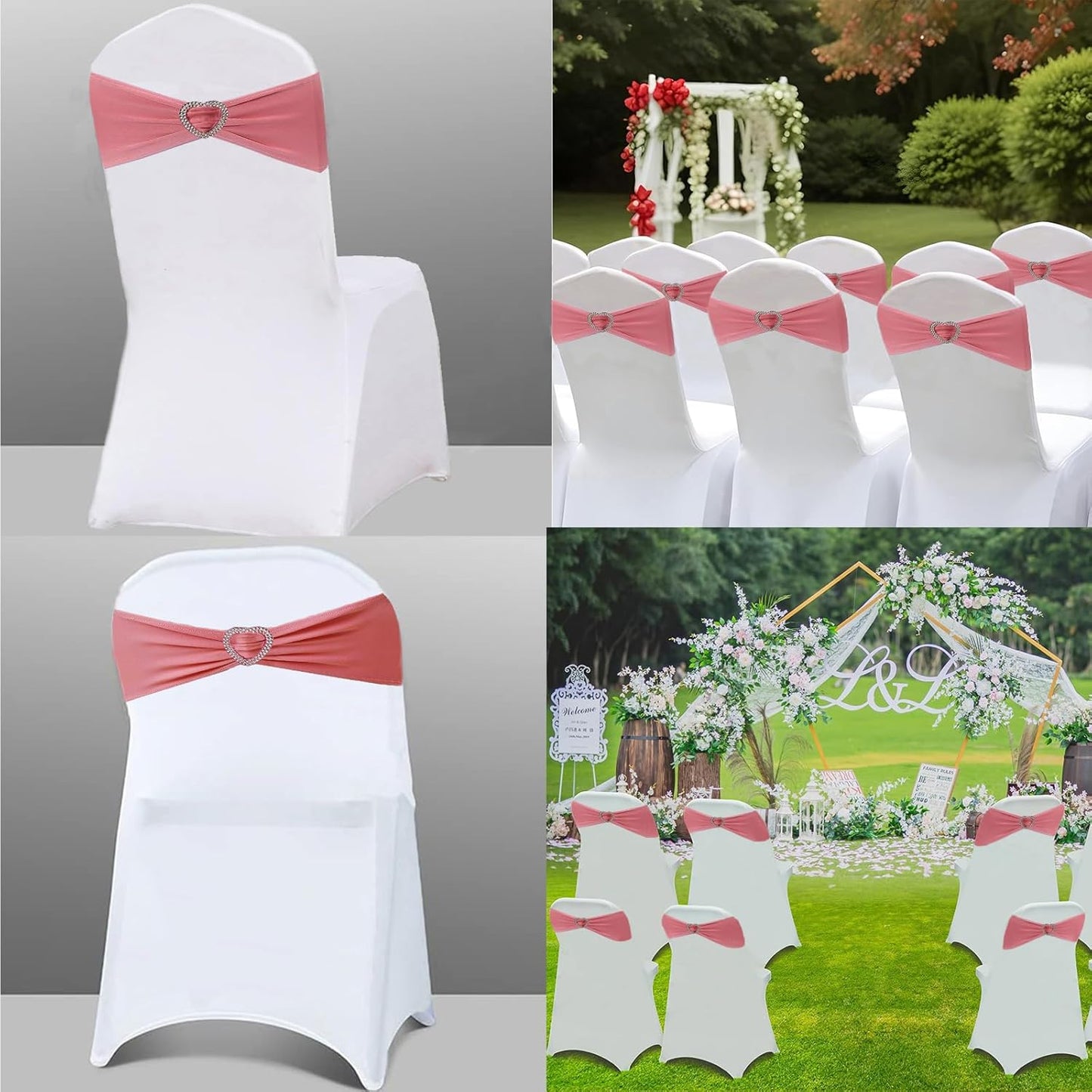 Coral Red Chair Sashes 25 Pack Spandex Coral Red Sashes for Chairs Covers Universal Stretch Chair Sashes Band with Heart Buckle Slider Universal Sashes Bows for Wedding Banquet Party Decorations