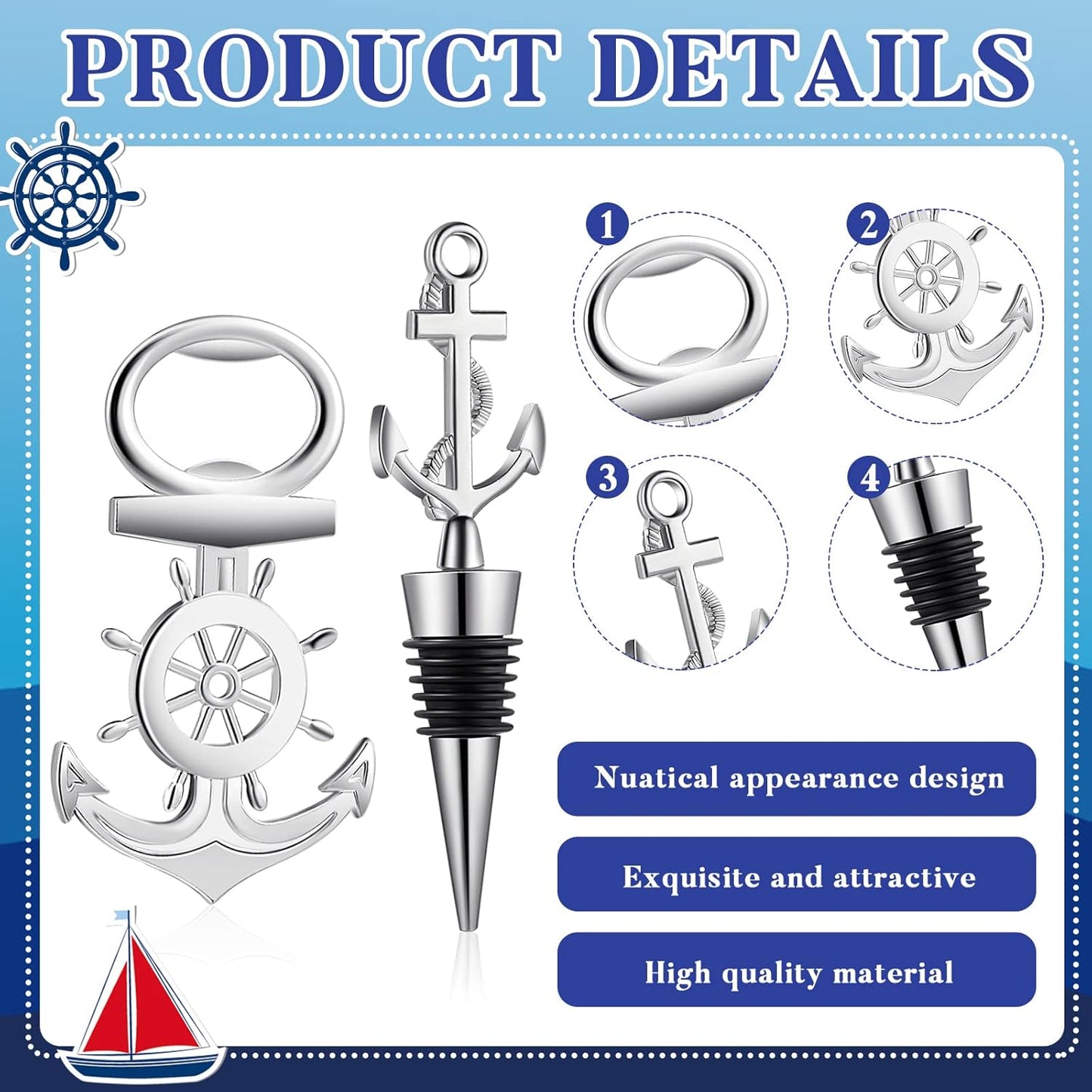 Zhehao 50 Pcs Anchor Bottle Stopper Bottle Opener Wine Bottle Stopper for Beach Nautical Themed Gifts Set Wedding Party Favors Bridal Baby Shower Decorations Holiday Birthday Souvenirs Guests, Silver