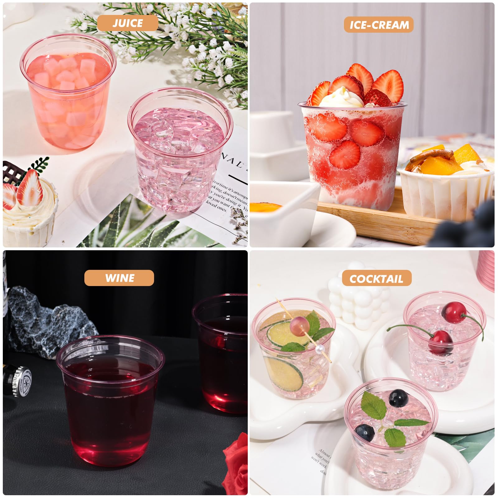 KesaPlan 50Pcs 12oz Pink Plastic Party Cups, Disposable Wine Cocktail Cups