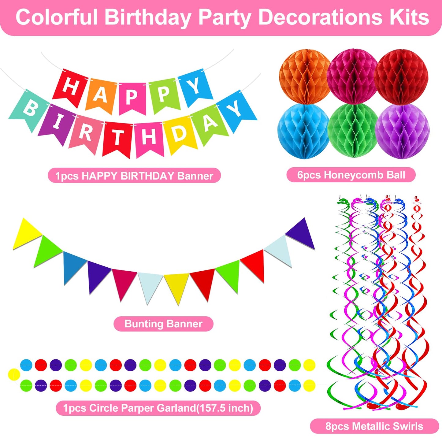 Fecedy Happy Birthday Banner With Colorful Paper Flag Bunting Paper Circle Confetti Garland Swirl