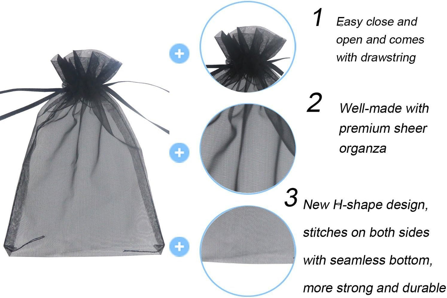 Wudygirl 100pcs Drawstring Organza Bags 5 x 7 Inch Black Transparent Jewelry Lipstick Pouches Baby Shower Party Wedding Holidays Favor Seashell Candy Favor Bags(Black 5x7'')