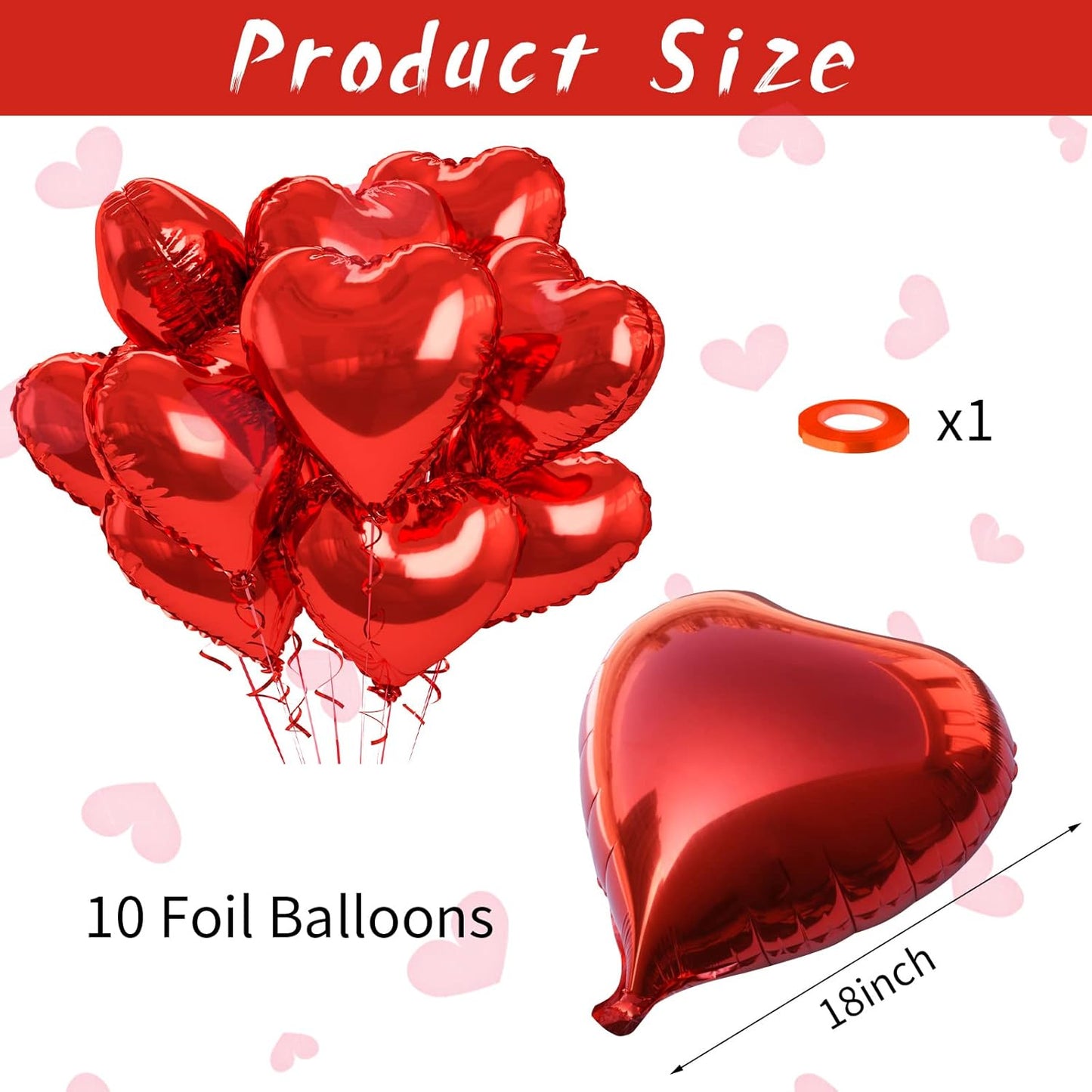 Biapian Foil Heart Balloons Red, 10PCS Red Heart Shape Balloons, Valentines Balloons 18inch Red Foil Balloons for Helium Valentine Decorations for Valentines Day, Wedding, Anniversary Decoration