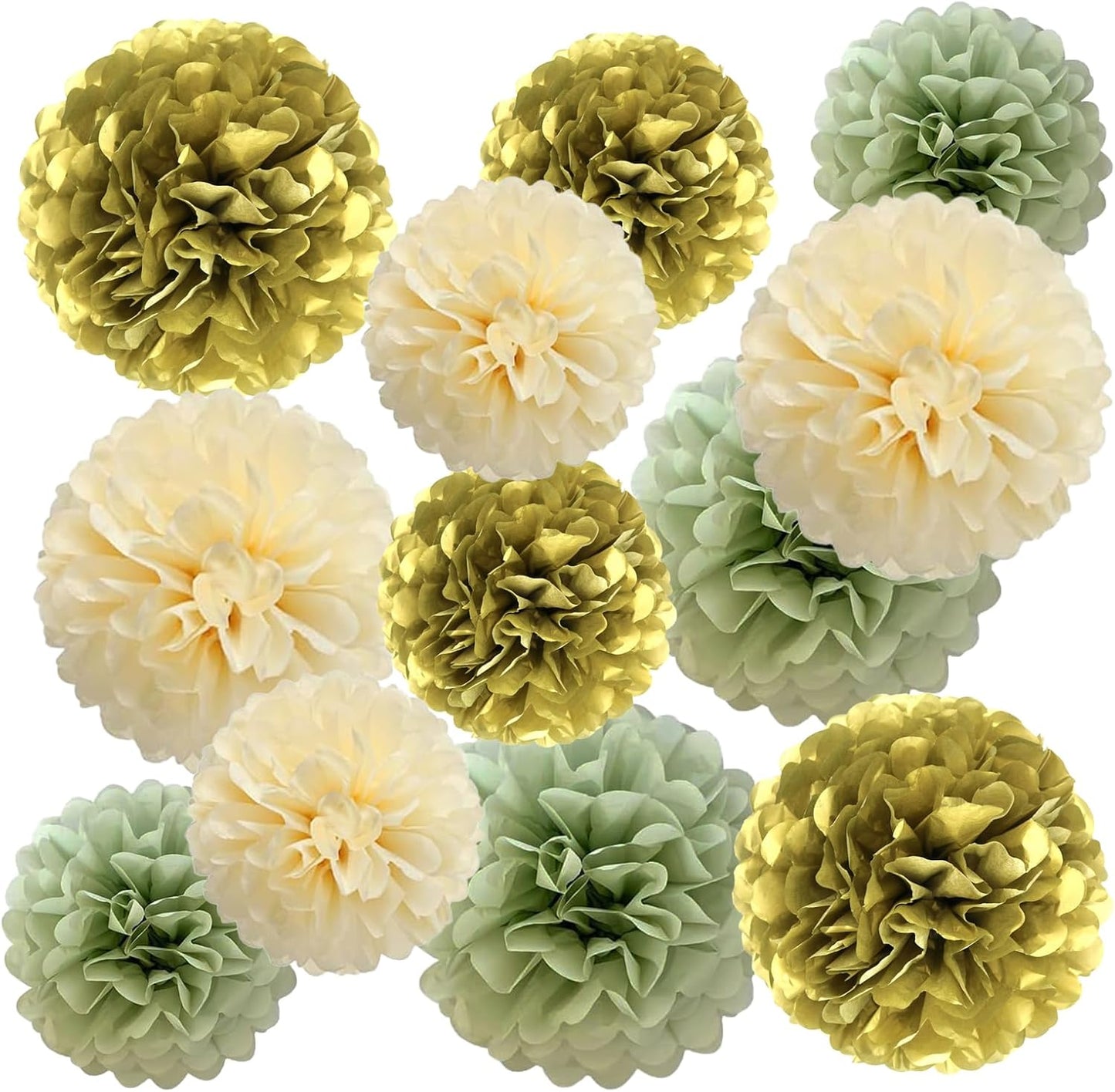 ZOOYOO Green Gold Paper Pom Poms, Sage Cream Gold Party Decoration, Green Cream Tissue Paper Pom Poms Decorations for Bridal Shower Eucalyptus Party Birthday Anniversary 12PCS