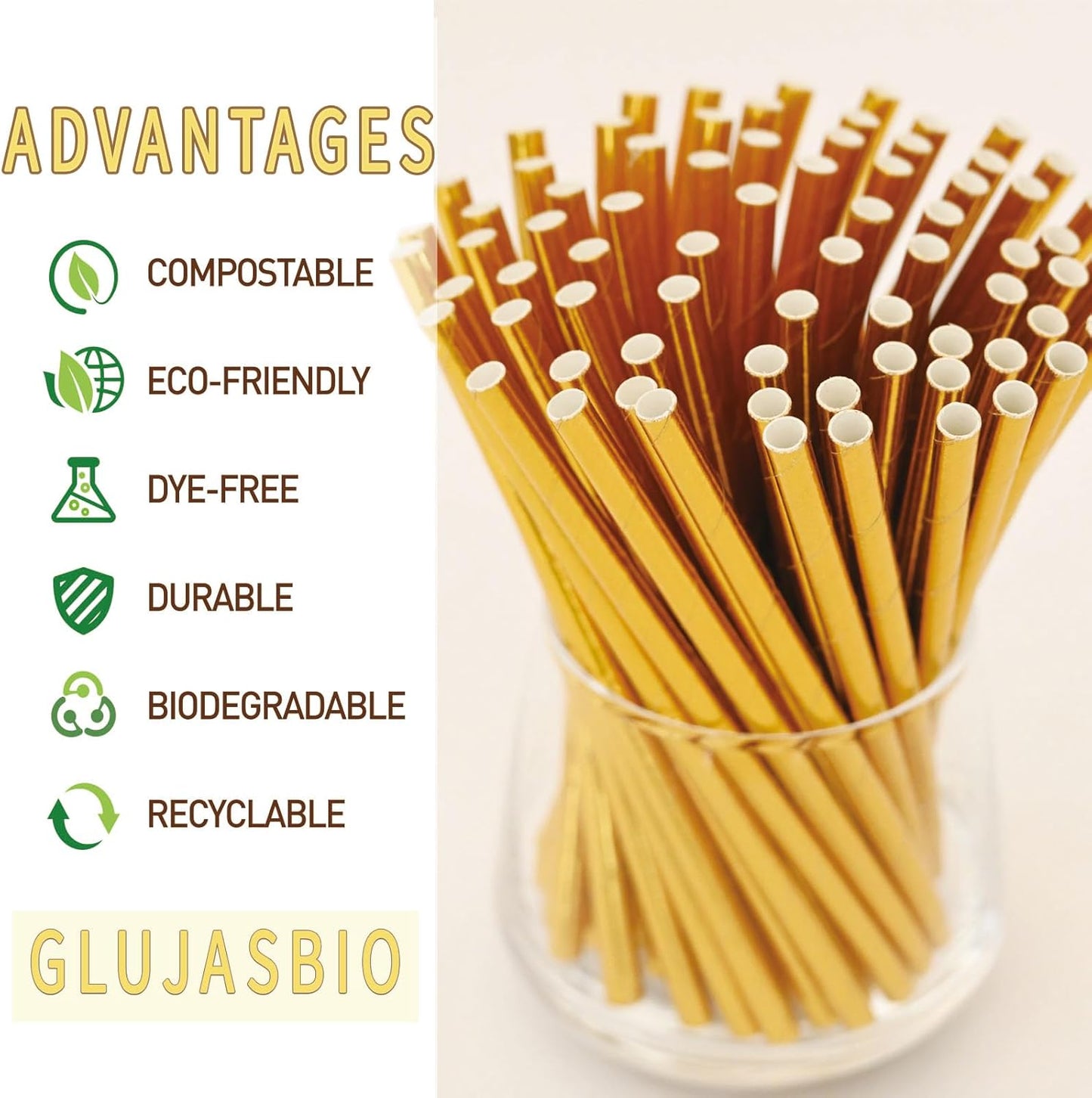 5.75 Inch Short Cocktail Gold Straws, Compostable Coffee Stirrers Straws, Paper Drinking Straws for Parties, Baby Showers, Wedding, Bridal Showers