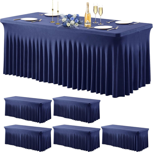 6 Pack Navy Blue Stretch Spandex Table Clothes for 6 Foot Rectangle Tables, 6FT Wrinkle Free Fitted Tablecloths Ruffles Design Table Cover for Party, Banquet, Wedding and Events