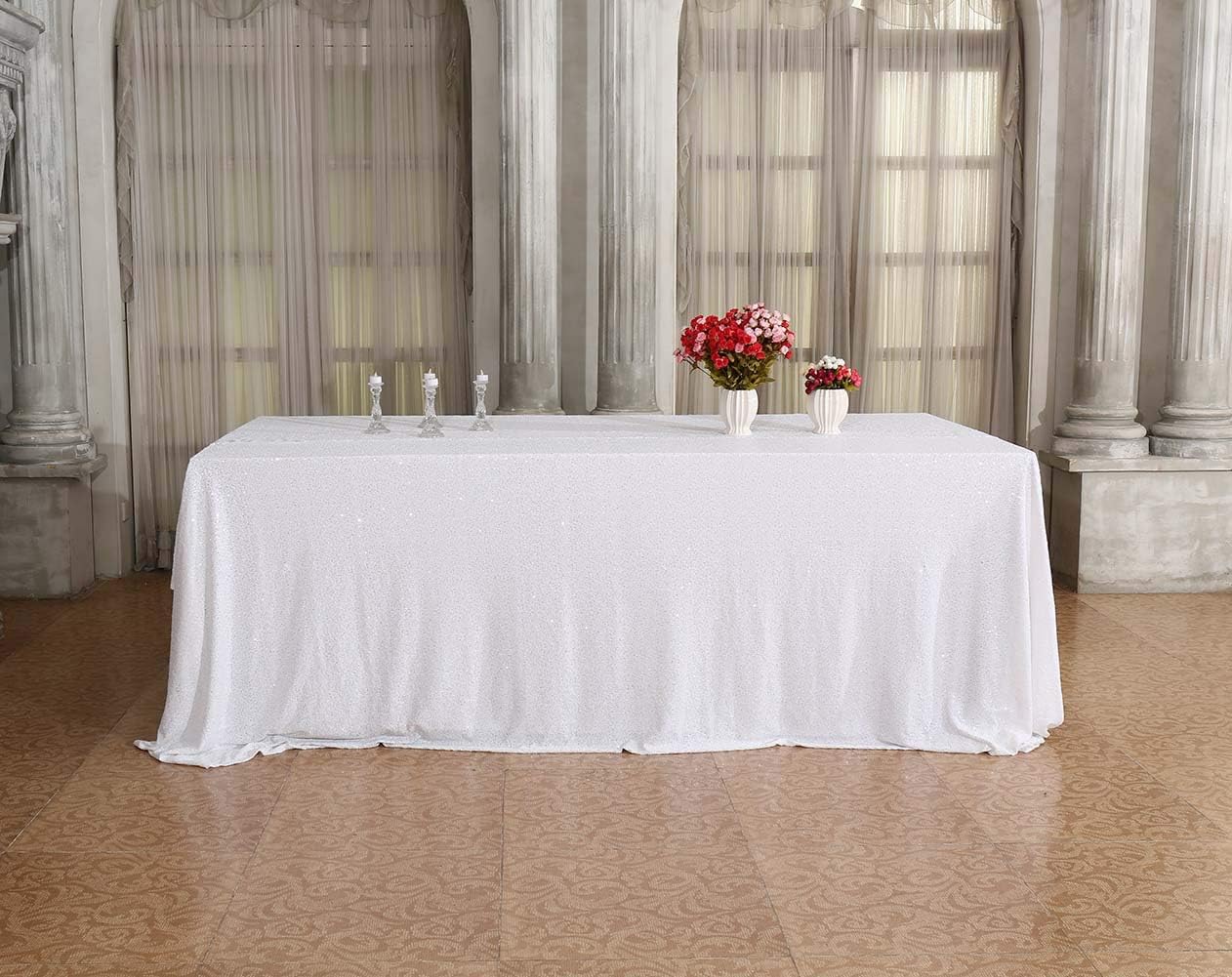 SquarePie Sequin Tablecloth 90 x 132 Inch White Sparkly Table Cloth for Wedding Party