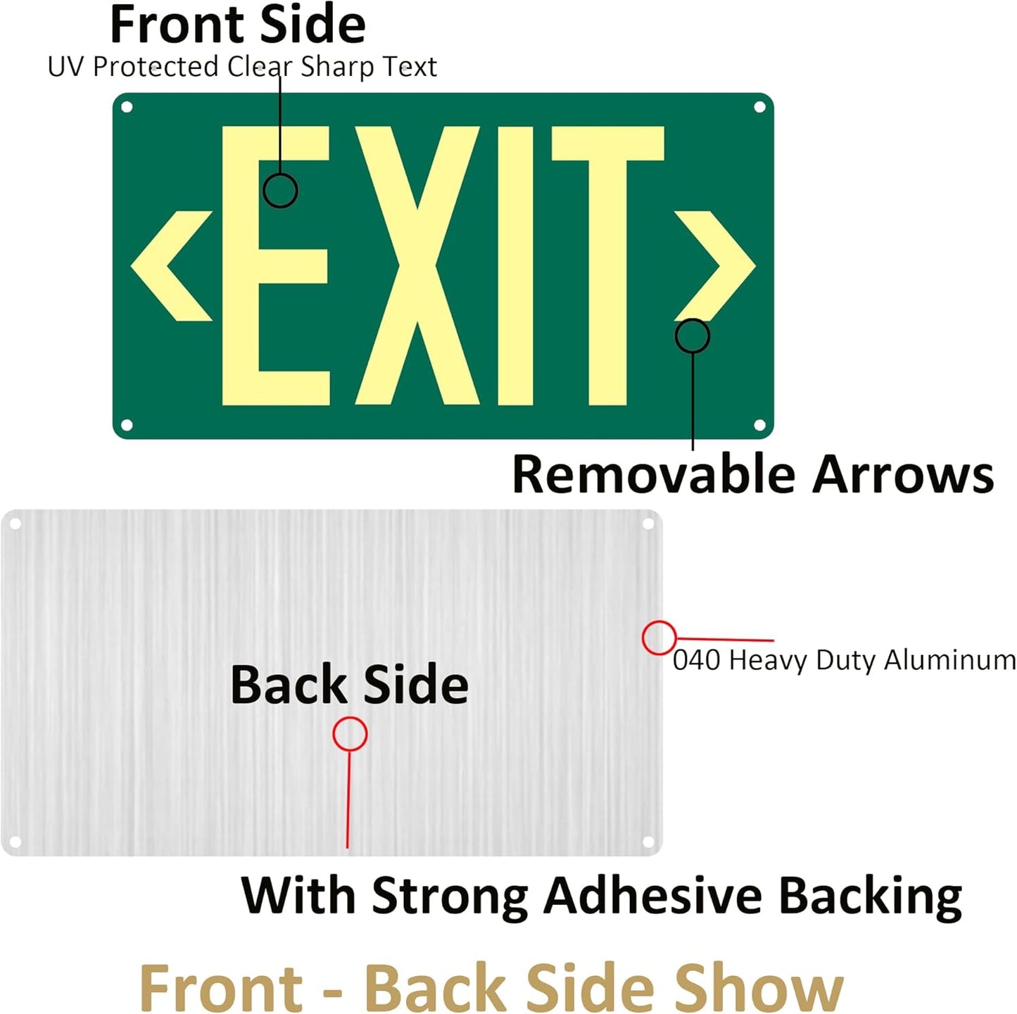 3Pack Photoluminescent Exit Sign Green - 14.25"x 7.5" Aluminum - Adhesive Backing- Includes 6pcs Removable Arrows - Glow In The Dark Exit Signs