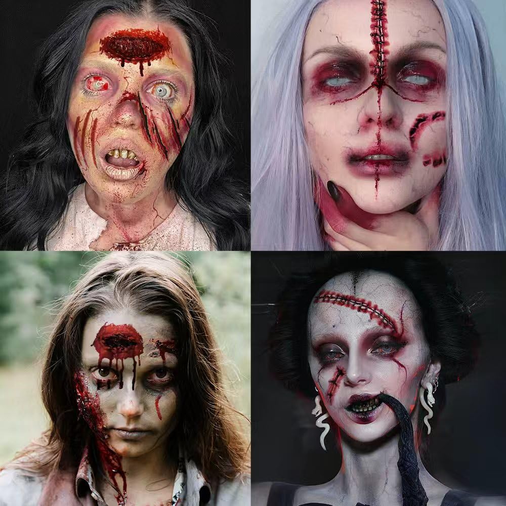 30 Sheets Scar Tattoos Temporary Halloween Makeup Kit, Large Size Fake Chucky Scars Stitches Bloody Wound Vampire Zombie Tattoos, Realistic Stitch Stickers for Men Women Kids Cosplay Party Prank