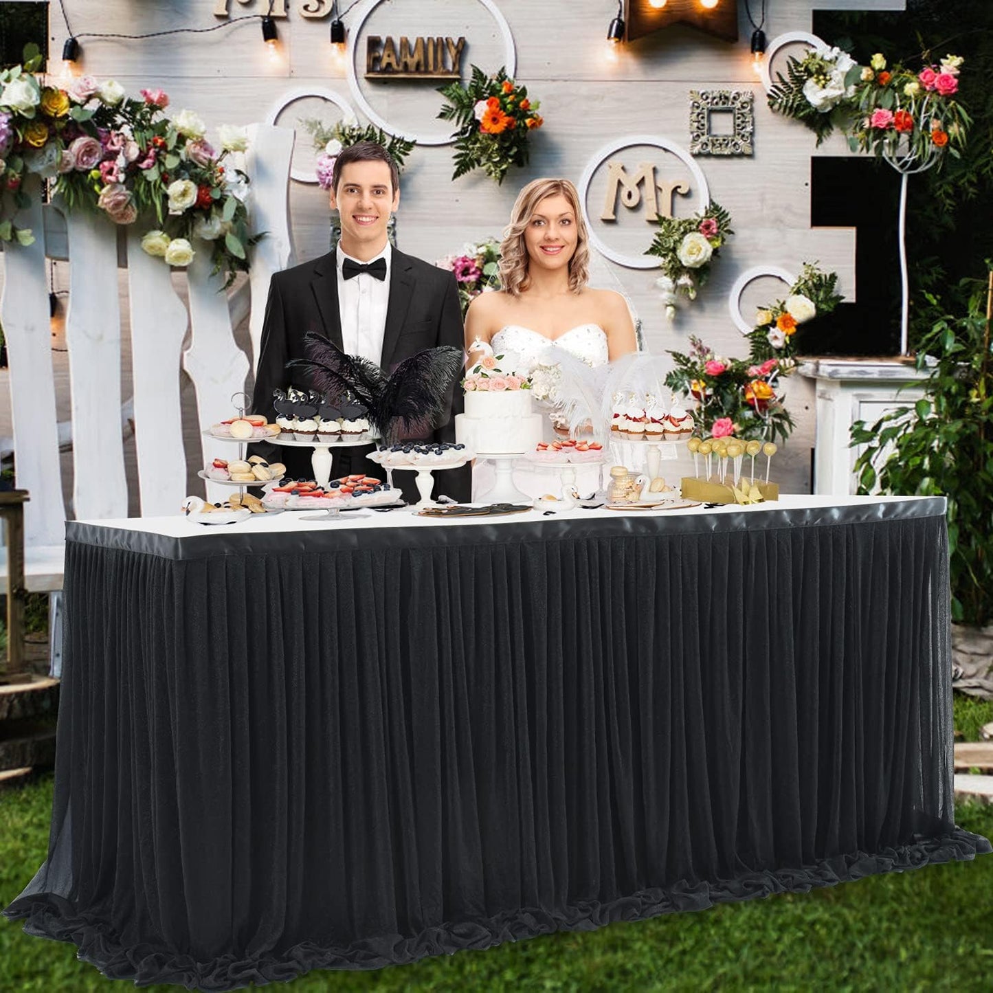 9ft Black Tulle Table Skirt for Rectangle Tables or Round Tables Tutu Table Skirt for Birthday Party Baby Shower Wedding Parties Dessert Buffet Banquet Decorations