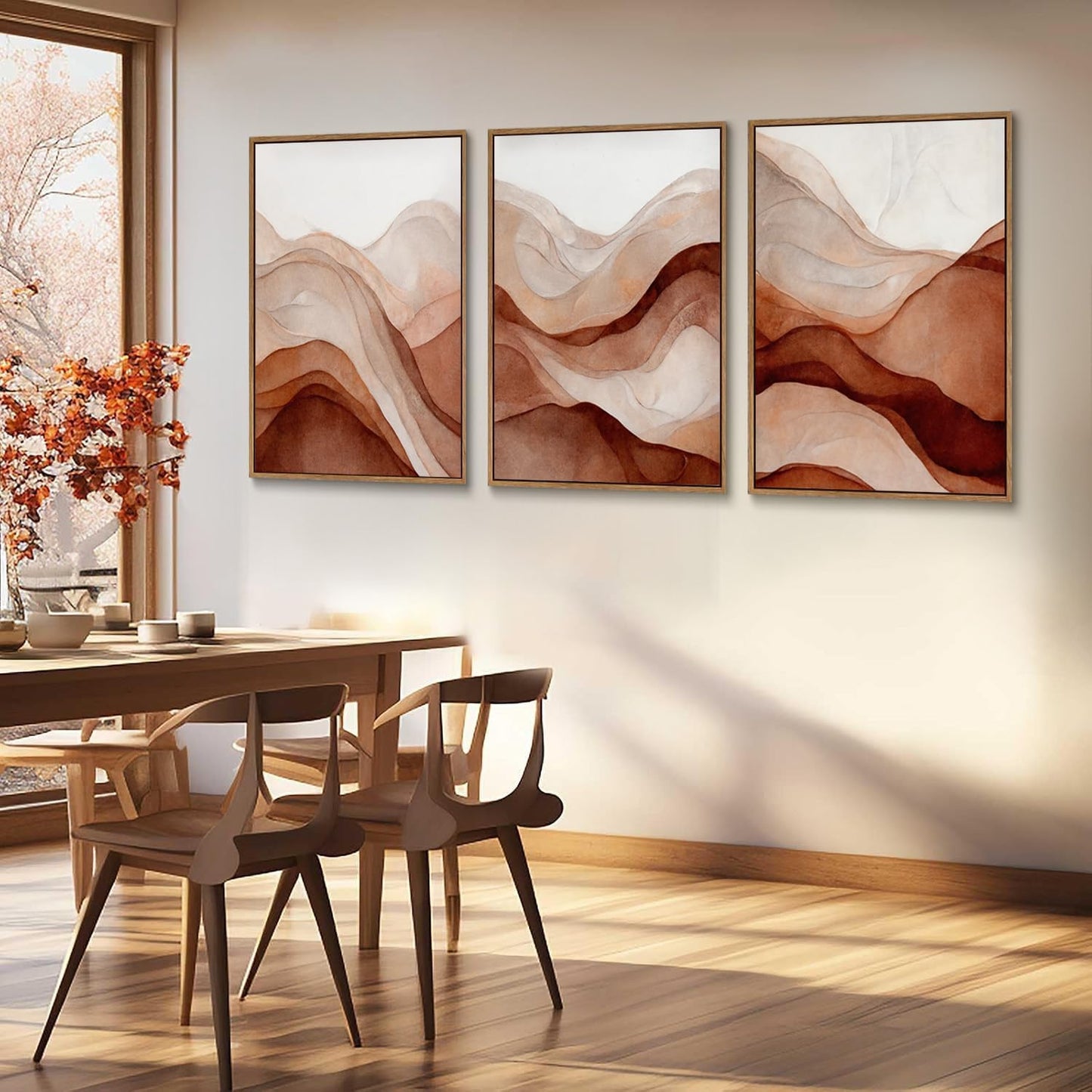 myusuar 3 Piece Large Abstract Framed Wall Art For Living Room, Smoke Texture Ink Warm Brown Terracotta Canvas Wall Art Modern Minimalist Art Prints Wall Décor For Bedroom Office 24x36in