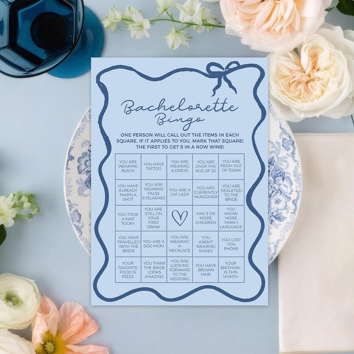 DEEKA 30 PCS Bridal Shower Games Card for 30 Guests Blue Wavy Border Ribbon Bow Funny Wedding Bachelorette Party Games for Reception (Bachelorette Bingo)